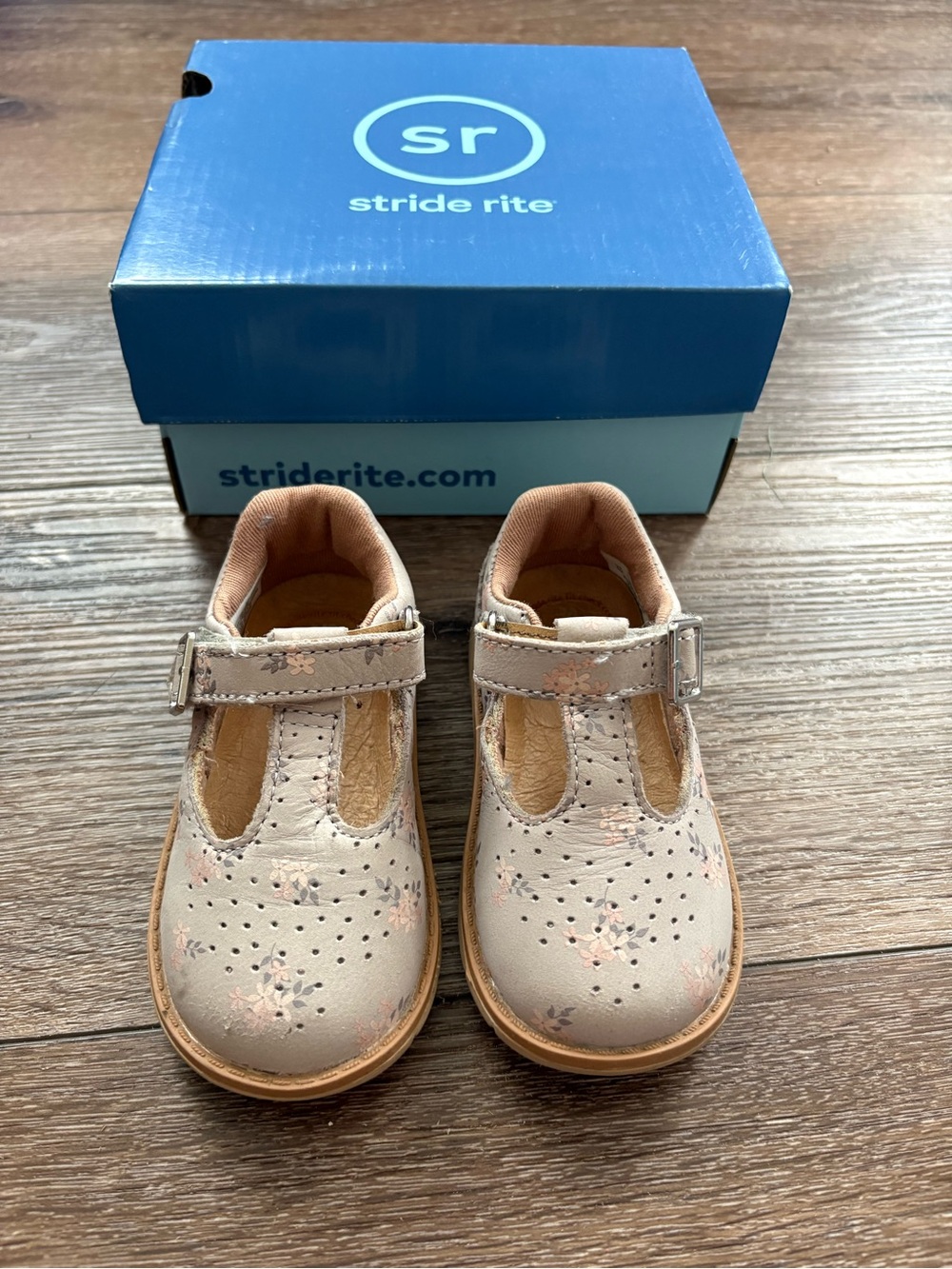 Stride Rite Girls' Cream Floral T-Strap Mary Janes
